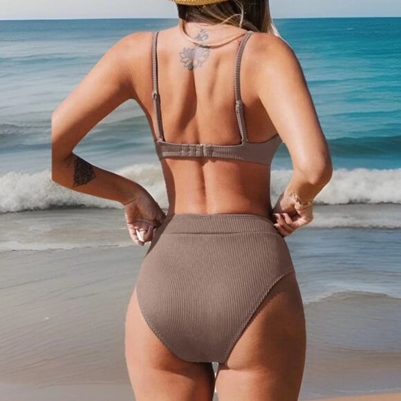 Cupshe Bikini Ribbed Scoop Neck Bralette High Waist 2 Piece Brown Womens Small - Picture 2 of 8